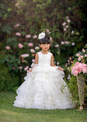 Ivory Lace Ruffled Tulle Floor Length Flower Girl Dress